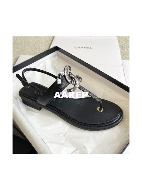 Replica Chanel 23P Lambskin & Diamanté Sandals 15mm heel G39728 Black 4