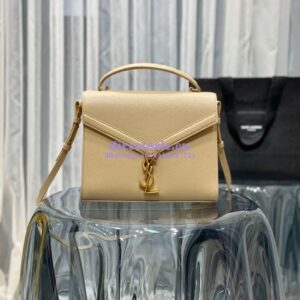 Replica YSL Saint Laurent Cassandra Top Handle Medium Bag In Grain De Poudre Leather Light Beige