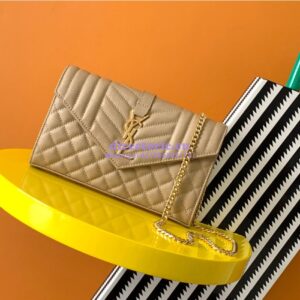 Replica YSL Saint Laurent Monogram Chain Wallet In Mix Matelassé Grain De Poudre Embossed Leather 620280 Beige