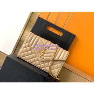 Replica YSL Saint Laurent Monogram Chain Wallet In Mix Matelassé Grain De Poudre Embossed Leather 620280 Beige 2
