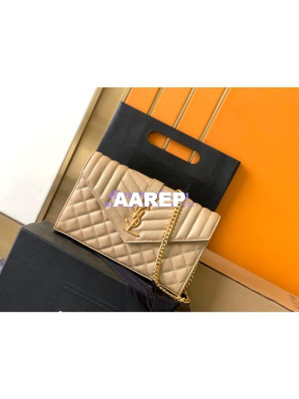 Replica YSL Saint Laurent Monogram Chain Wallet In Mix Matelassé Grain De Poudre Embossed Leather 620280 Beige 4