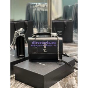 Replica YSL Saint Laurent Medium Sunset Satchel In Smooth Leather 634723 Black with Silver Hardware