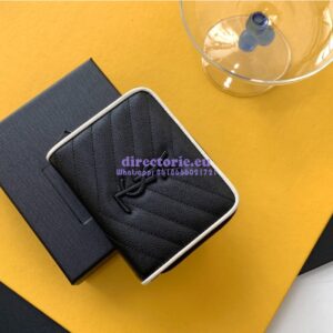 Replica YSL Saint Laurent Monogram compact zip around wallet in grain de poudre embossed leather with white trim
