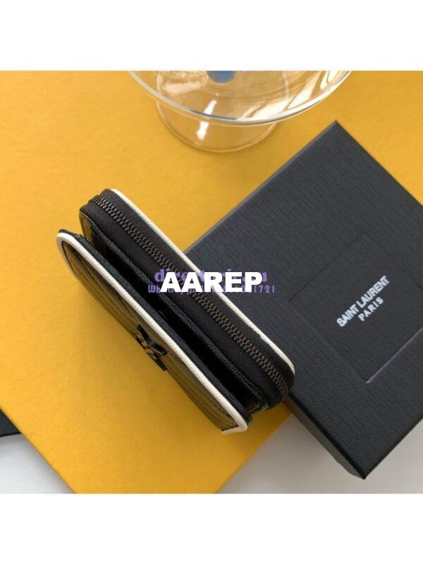Replica YSL Saint Laurent Monogram compact zip around wallet in grain de poudre embossed leather with white trim 5