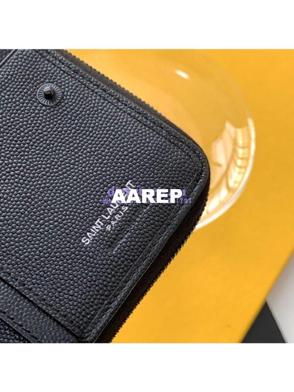 Replica YSL Saint Laurent Monogram compact zip around wallet in grain de poudre embossed leather with white trim 7