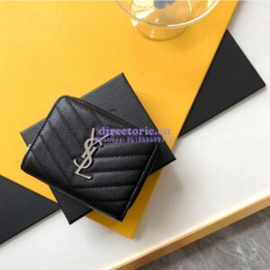 Replica YSL Saint Laurent Monogram compact zip around wallet in black grain de poudre embossed leather silver hardware