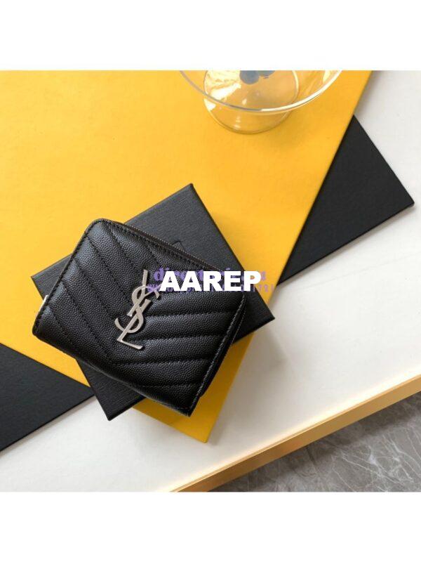 Replica YSL Saint Laurent Monogram compact zip around wallet in black grain de poudre embossed leather silver hardware