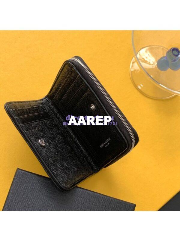 Replica YSL Saint Laurent Monogram compact zip around wallet in black grain de poudre embossed leather silver hardware 3