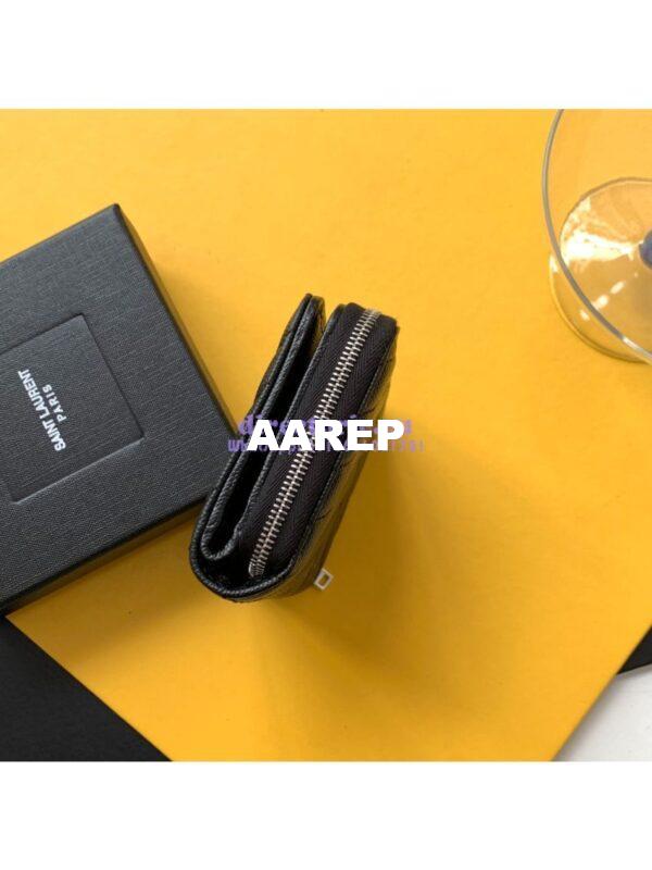 Replica YSL Saint Laurent Monogram compact zip around wallet in black grain de poudre embossed leather silver hardware 4