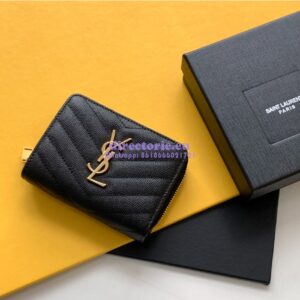 Replica YSL Saint Laurent Monogram compact zip around wallet in black grain de poudre embossed leather – gold hardware