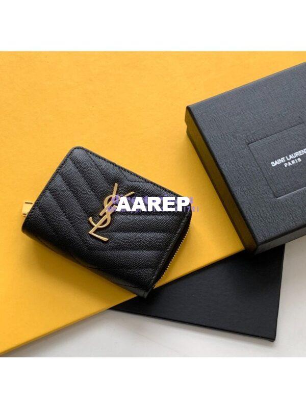Replica YSL Saint Laurent Monogram compact zip around wallet in black grain de poudre embossed leather – gold hardware