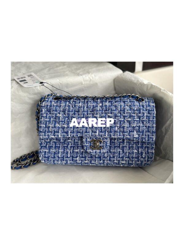 Replica Chanel Tweed Medium Classic Double Flap CF Bag Blue Multicolor with Ruthenium Silver Hardware A69901 3