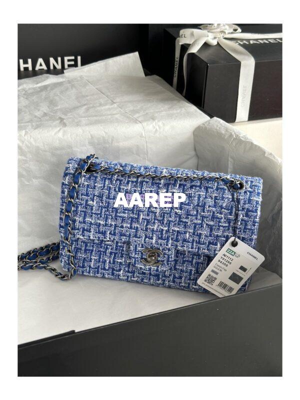 Replica Chanel Tweed Medium Classic Double Flap CF Bag Blue Multicolor with Ruthenium Silver Hardware A69901 4