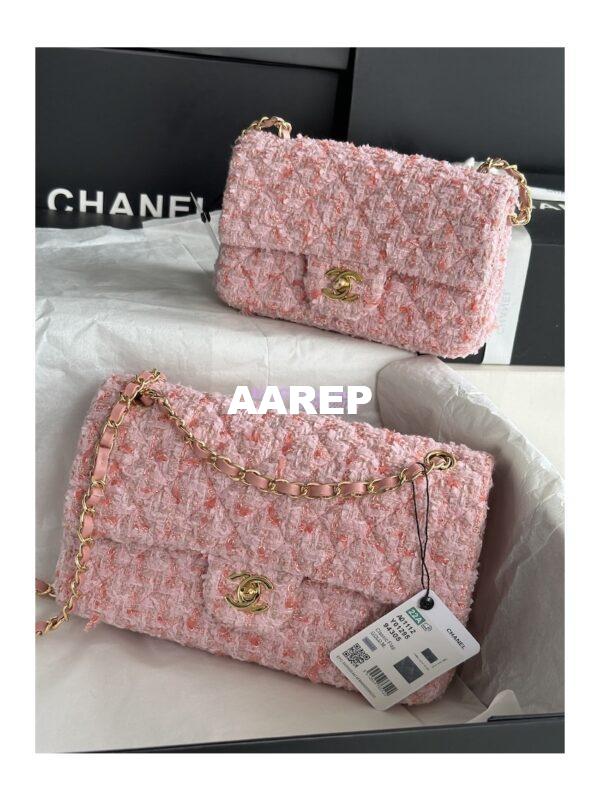 Replica Chanel Tweed Medium Classic Double Flap CF Bag Light Pink Coral A69901