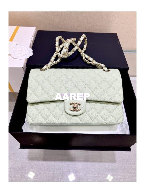 Replica Chanel 23C New CF 1112 Classic Flap Bag Qulited Grainy Caviar with Light Gold Hardware in Mint (Limited Edition Colour)