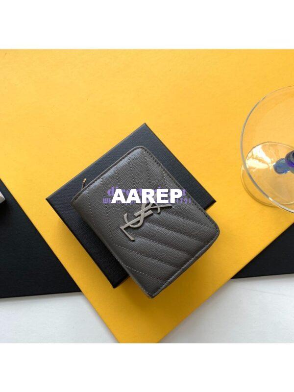 Replica YSL Saint Laurent Monogram compact zip around wallet in grey grain de poudre embossed leather