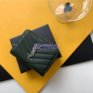 Replica YSL Saint Laurent Monogram compact zip around wallet in green grain de poudre embossed leather