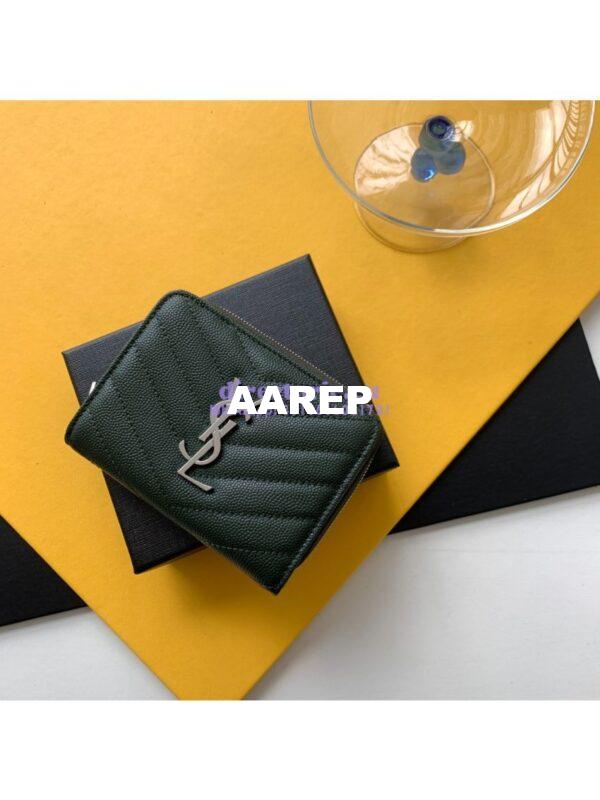 Replica YSL Saint Laurent Monogram compact zip around wallet in green grain de poudre embossed leather 3