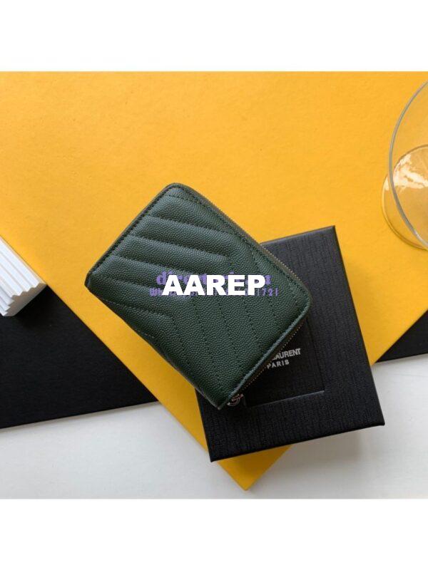 Replica YSL Saint Laurent Monogram compact zip around wallet in green grain de poudre embossed leather 4