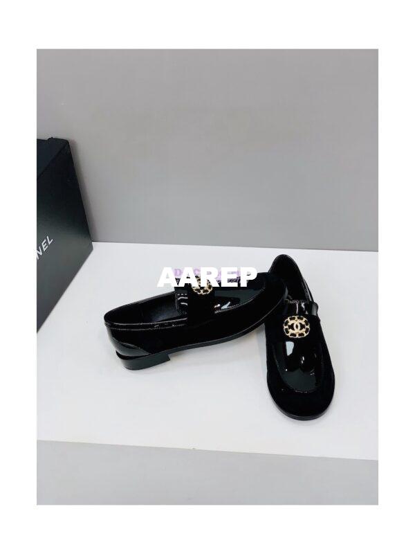 Replica Chanel Calfskin CC Crystals Loafers Patent Calfskin & Kidskin G39606 Black 11
