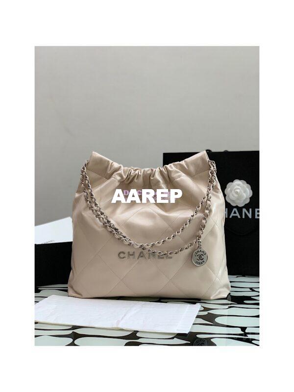Replica Chanel 22 Handbag Shiny Calfskin & Silver Metal AS3260 AS3261 Ecru 9