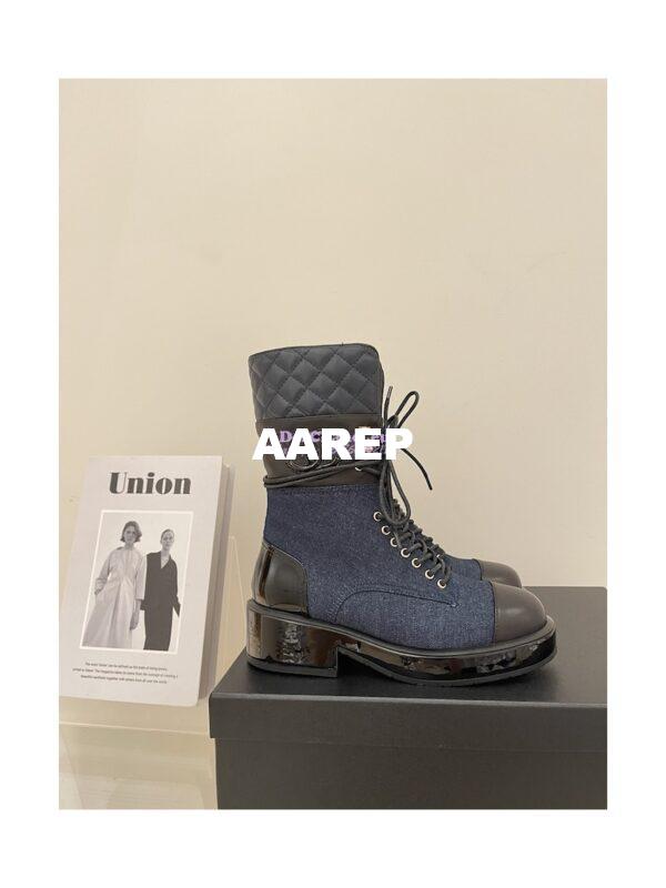 Replica Chanel Quilted Leather Calfskin and Denim Lace-Ups G37956 Blue 3