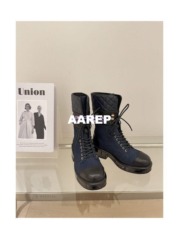 Replica Chanel Quilted Leather Calfskin and Denim Lace-Ups G37956 Blue 4