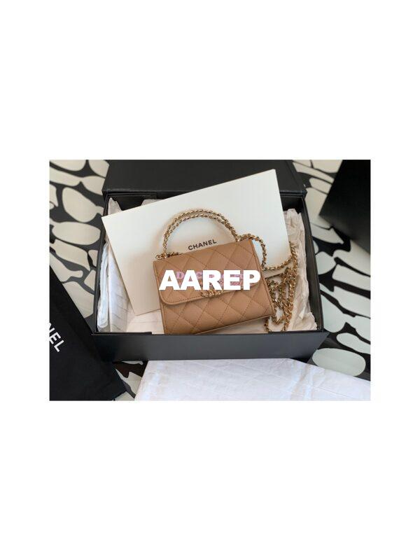Replica Chanel Beige Grained Calfskin Leather Chain Strap CC Logo Handle Flap Bag AP3237
