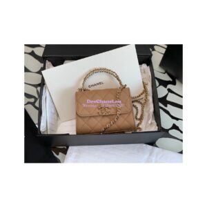 Replica Chanel Beige Grained Calfskin Leather Chain Strap CC Logo Handle Flap Bag AP3237 2