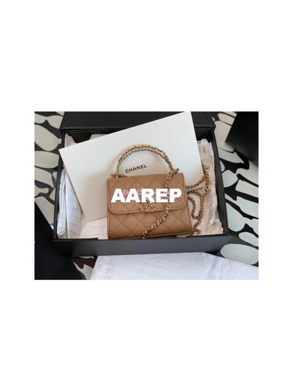 Replica Chanel Beige Grained Calfskin Leather Chain Strap CC Logo Handle Flap Bag AP3237 2