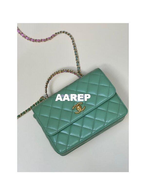 Replica Chanel Small Flap Bag with Top Handle in Shiny Calfskin AS3908 Light Green 2