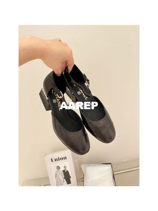 Replica Chanel Mary Janes Shiny Goatskin with Pearls G39250 Black 7