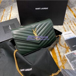 Replica YSL Saint Laurent Monogram Chain Wallet Grain De Poudre Textured Matelasse Leather Green