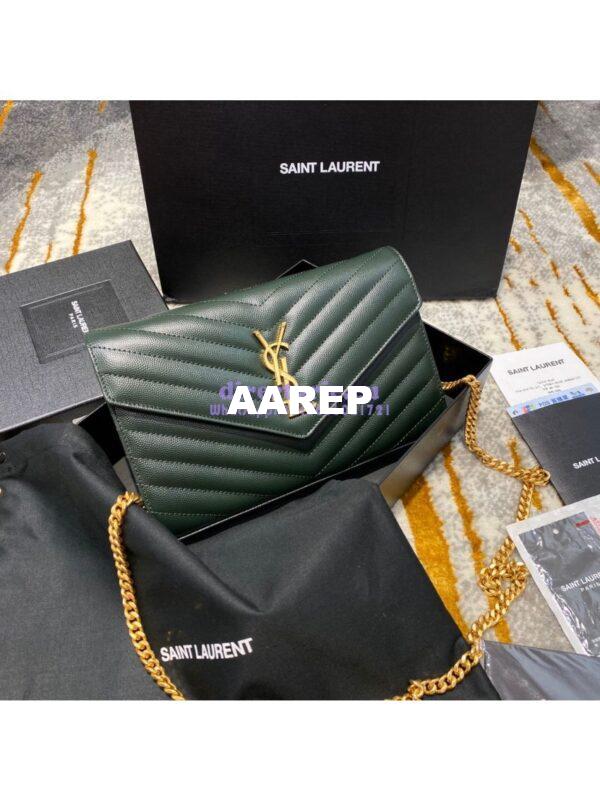 Replica YSL Saint Laurent Monogram Chain Wallet Grain De Poudre Textured Matelasse Leather Green 3