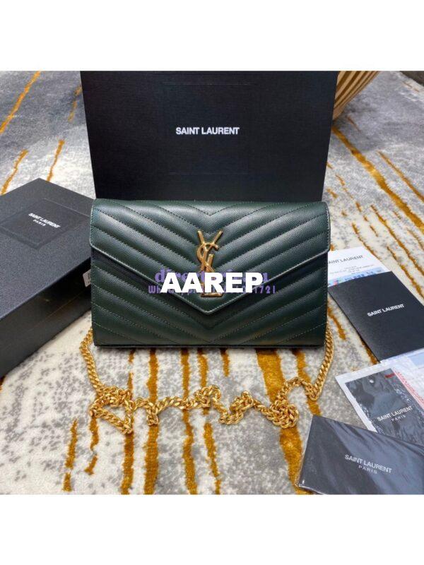 Replica YSL Saint Laurent Monogram Chain Wallet Grain De Poudre Textured Matelasse Leather Green 4