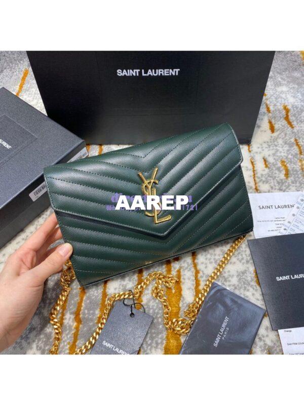 Replica YSL Saint Laurent Monogram Chain Wallet Grain De Poudre Textured Matelasse Leather Green 5