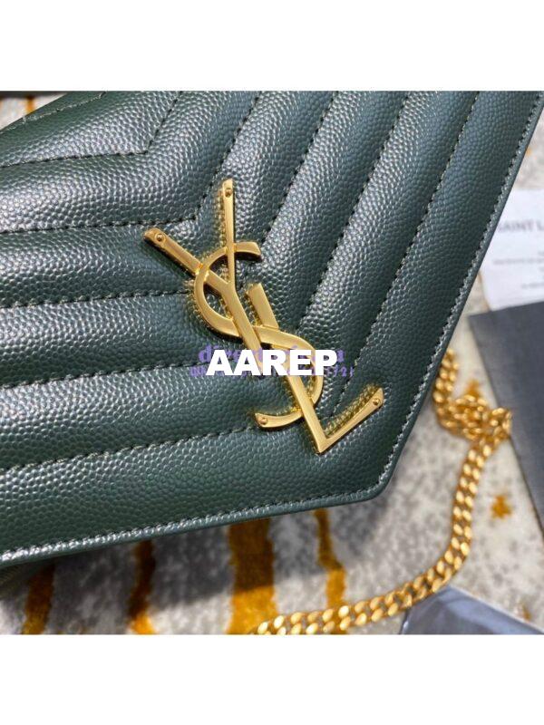 Replica YSL Saint Laurent Monogram Chain Wallet Grain De Poudre Textured Matelasse Leather Green 6