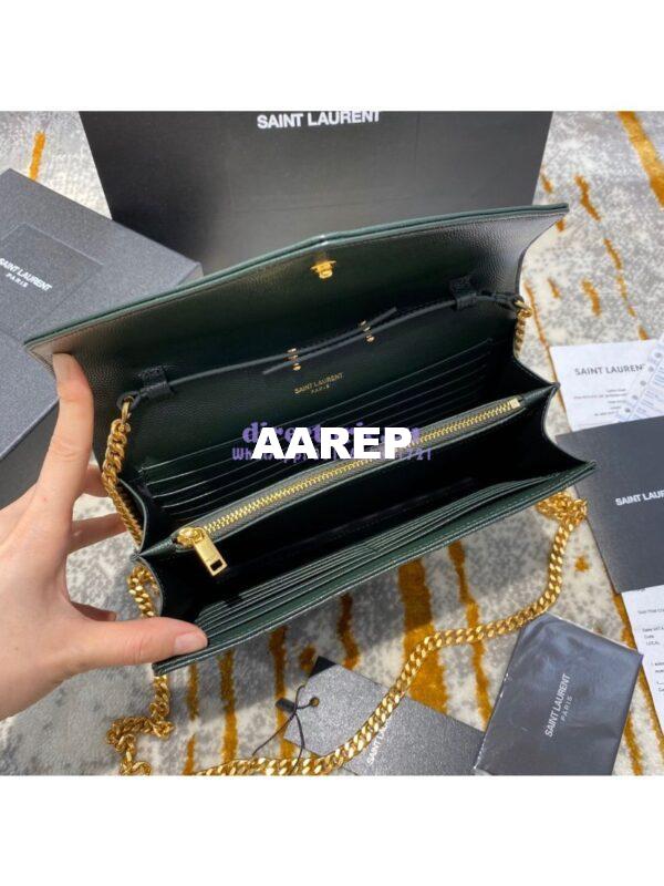 Replica YSL Saint Laurent Monogram Chain Wallet Grain De Poudre Textured Matelasse Leather Green 9