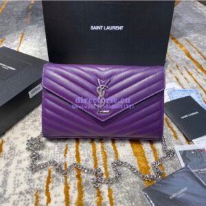 Replica YSL Saint Laurent Monogram Chain Wallet Grain De Poudre Textured Matelasse Leather Purple