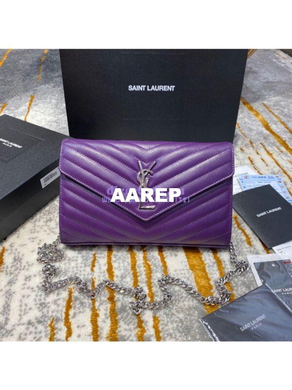 Replica YSL Saint Laurent Monogram Chain Wallet Grain De Poudre Textured Matelasse Leather Purple 3