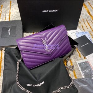 Replica YSL Saint Laurent Monogram Chain Wallet Grain De Poudre Textured Matelasse Leather Purple 2