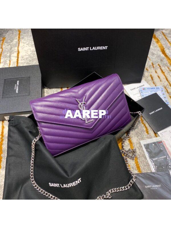 Replica YSL Saint Laurent Monogram Chain Wallet Grain De Poudre Textured Matelasse Leather Purple 4