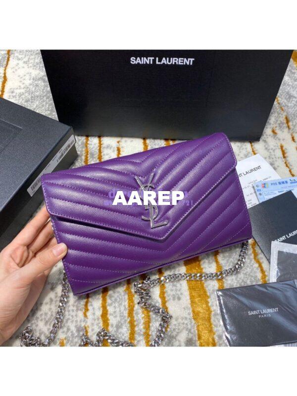 Replica YSL Saint Laurent Monogram Chain Wallet Grain De Poudre Textured Matelasse Leather Purple 5