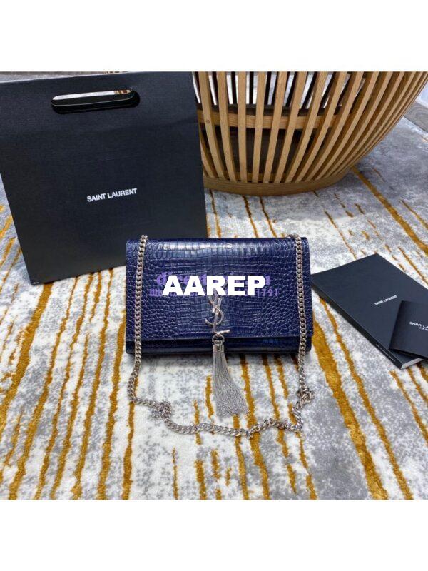 Replica YSL Classic Medium Kate Monogram Saint Laurent Tassel Satchel In Blue Crocodile Embossed Shiny Leather 354119 5