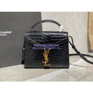 Replica YSL Saint Laurent Cassandra Mini Top Handle Bag In Crocodile Embossed Shiny Leather 602716 Black