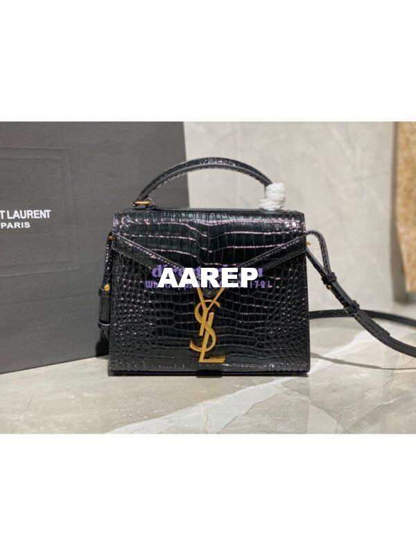 Replica YSL Saint Laurent Cassandra Mini Top Handle Bag In Crocodile Embossed Shiny Leather 602716 Black