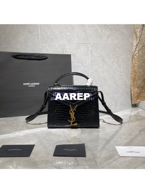 Replica YSL Saint Laurent Cassandra Mini Top Handle Bag In Crocodile Embossed Shiny Leather 602716 Black 2