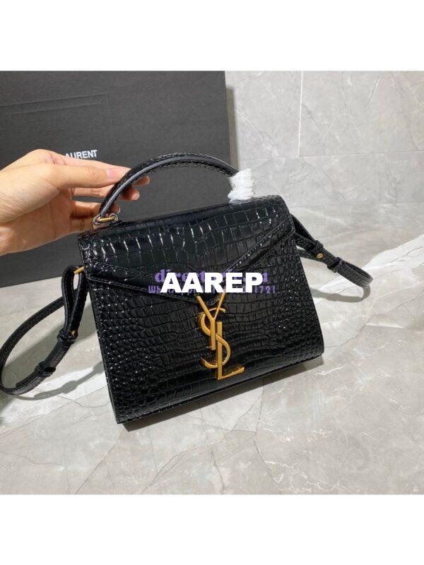 Replica YSL Saint Laurent Cassandra Mini Top Handle Bag In Crocodile Embossed Shiny Leather 602716 Black 3