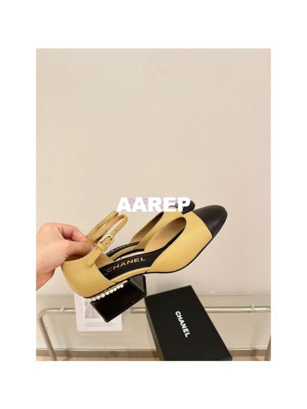 Replica Chanel Mary Janes Shiny Goatskin with Pearls G39250 Beige Black 8