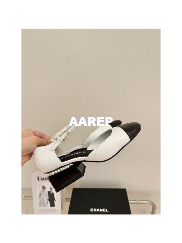 Replica Chanel Mary Janes Shiny Goatskin with Pearls G39250 White Black 5